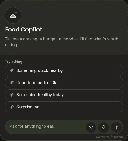 PrepOrder Food Copilot: suggested prompts and a text, camera and voice input for finding something to eat.