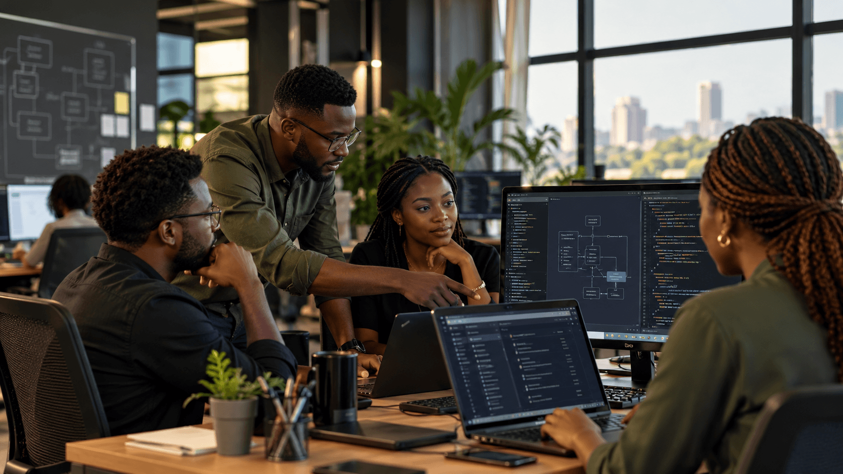 A cinematic, premium editorial photograph of a contemporary African technology startup workspace. A small team of software engineers and founders collaborating around computers, wi