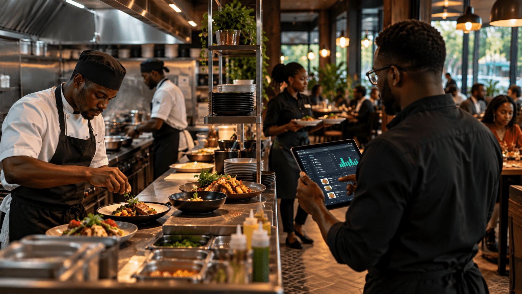Restaurant during service. The composition could include a chef working in the kitchen, a Restaurant manager checking operational information on a tablet, and service staff coordin