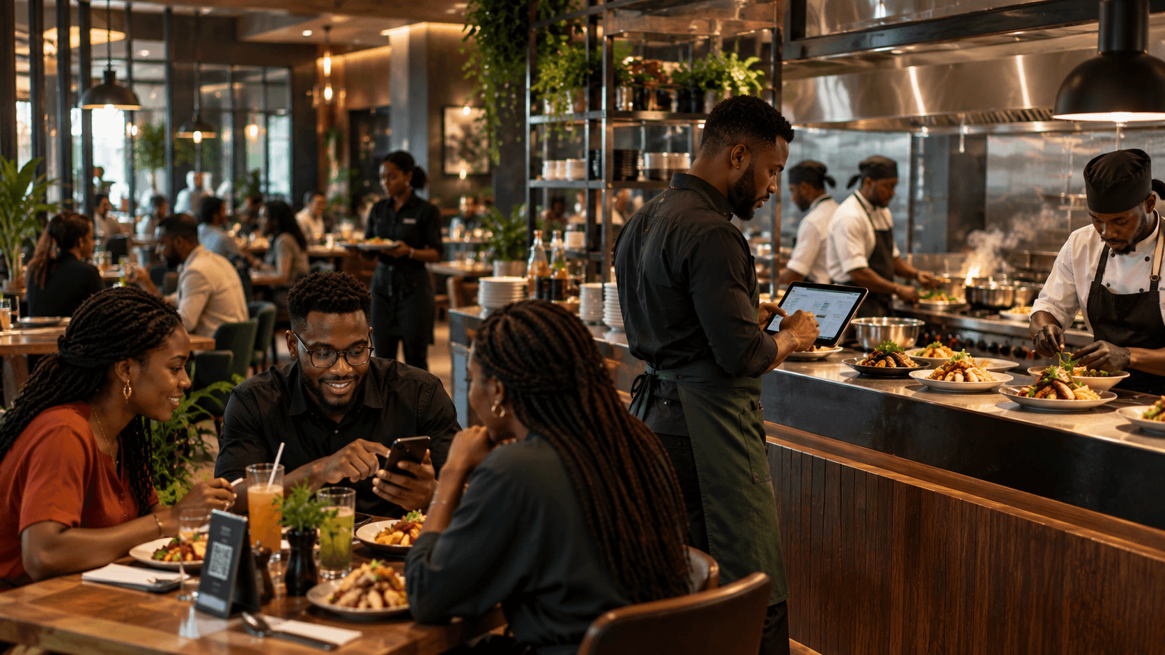 Customers ordering food while chefs and managers coordinate kitchen operations in a modern Restaurant.